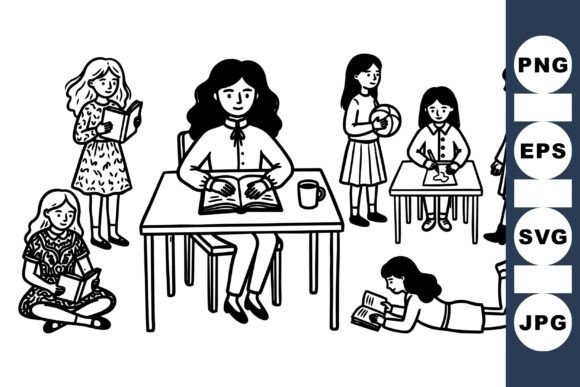 School Girls Reading SVG Clipart for Crafts & Graphics
