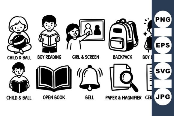 School Kids Learning Icon Set: Graphics for Crafts